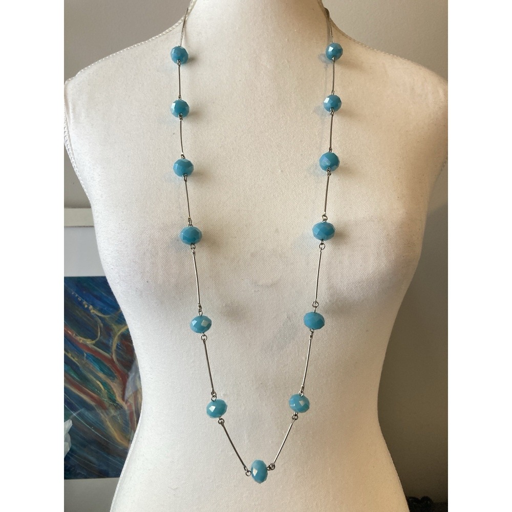 Long Aqua Blue Faceted Glass Bead Necklace Silver Tone Minimalist Romantic